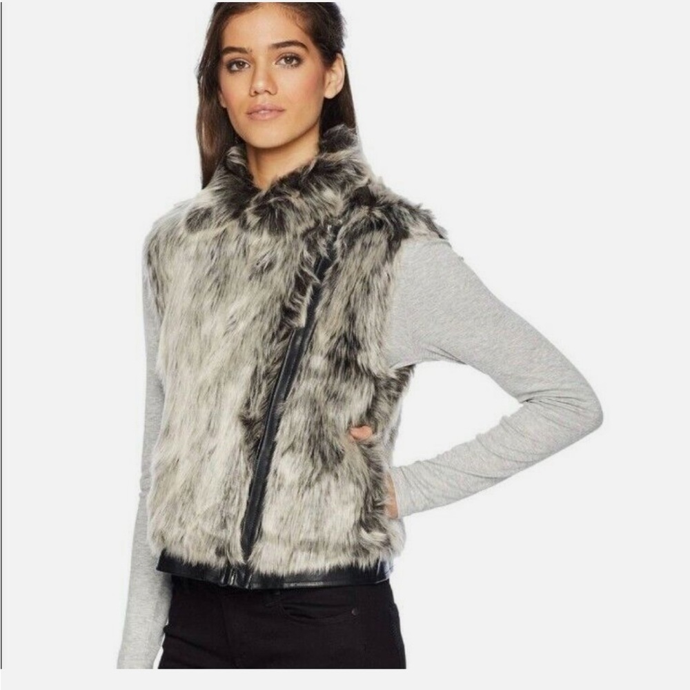 Cupcakes & Cashmere Faux Fur Vest w/ Vegan Leather Trim - Gray and Black, Small - Picture 6 of 14